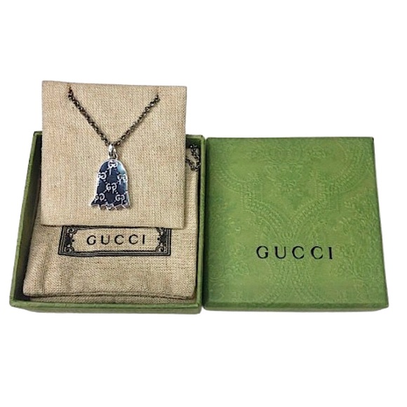 GUCCI Sterling Silver Ghost GG Monogram Necklace 21” Unisex NIB - Picture 3 of 17